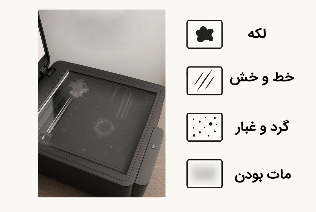 آلودگی و گرد و غبار بر روی صفحه شیشه‌ ای اسکنر