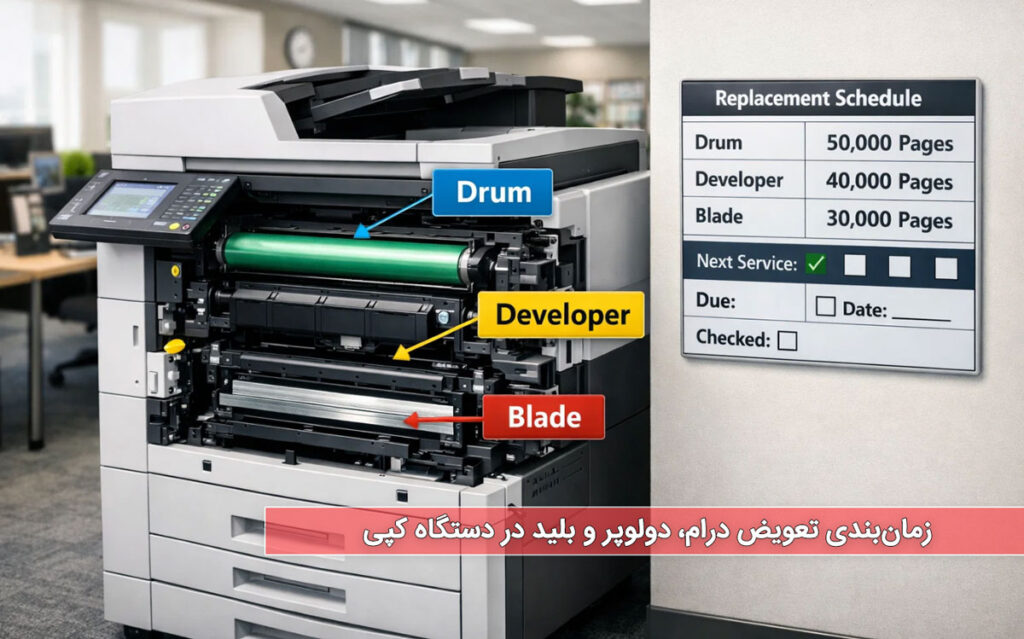 زمان‌بندی تعویض درام، دولوپر و بلید در دستگاه کپی