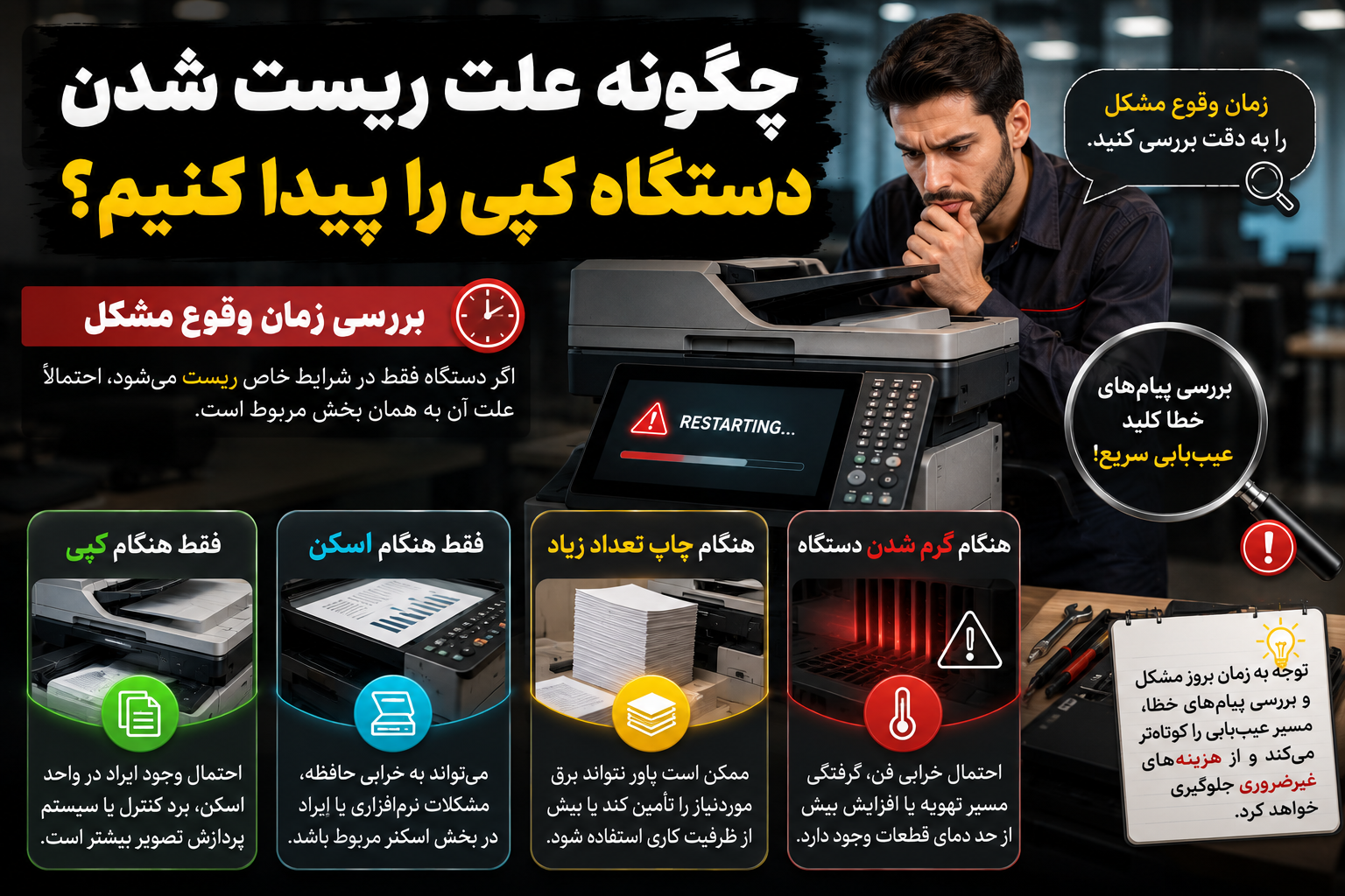 چگونه علت ریست شدن دستگاه کپی را پیدا کنیم؟